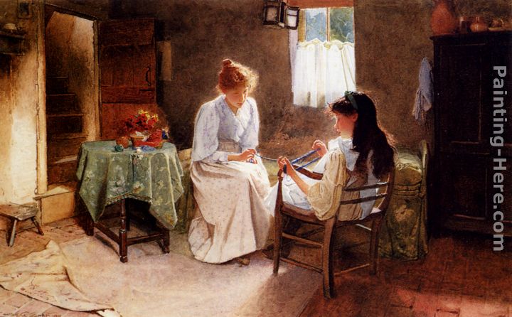 Two Girls In An Interior Winding A Skein Of Wool painting - Carlton Alfred Smith Two Girls In An Interior Winding A Skein Of Wool art painting